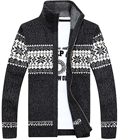 Lu's Chic Men's Cardigan Sweaters Winter Thick Knit Heavy Knitted Norwegian Casual Slim Fit Full Zip Up Fashion Zipper Sweater Jacket Male Sweater Coat Charcoal Grey Small