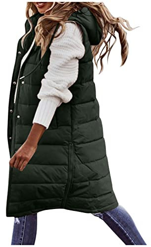 HHMY Chaleco largo para mujer – Abrigo cálido de invierno con capucha ligero acolchado chaleco mediano largo grueso grueso cremallera Slim Gilet para mujer al aire libre chaleco acolchado con