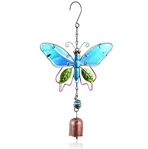 Campanelli Eolici, Ciondolo Campana Campana A Vento In Ferro Battuto Dipinto A Mano Con Farfalla In Vetro Colorato In Ferro Blu Decorazione Da Appendere Per Giardino Da Giardino, Ornamenti Artigianali