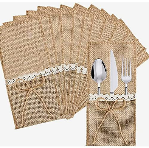 CLDURHGE Jute Bestecktasche, Gabeln Besteck Set mit Spitze Schleife Dekoration, Tischdekoration Geeignet für Weihnachtsfeiern, Familienfeiern, Weihnachten und Hochzeiten(10 Stück)