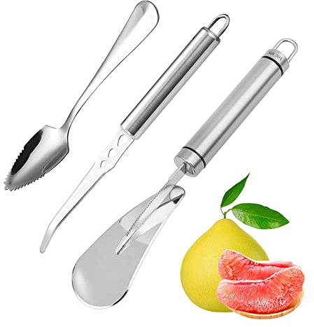 Klyuqoz Grapefruitmesser Edelstahl 3 Stück - Gebogen Mit Grapefruitlöffel und Orangenschäler - Für Grapefruit und Orangen Küchenwerkzeug