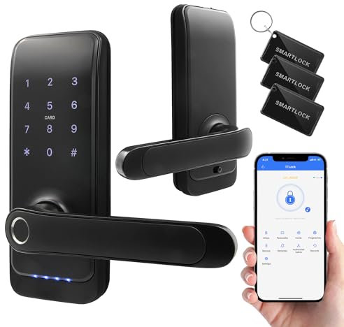 EURA ELH-01H4 Smartes Türschloss mit Griff, Codeschloss, 13,56 MHz Näherungsleser, biometrisches Lesegerät, App TTLock/TTHotel, IP65, universeller Riegelabstand, schwarz