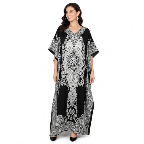Art of Creation Women's Kaftan Dress Maxi Long Dress Night Gown Caftans Dresses 3/4 Sleeve Top Nightdress Plus Size Tunic Kaftans House Dresses Color -Black
