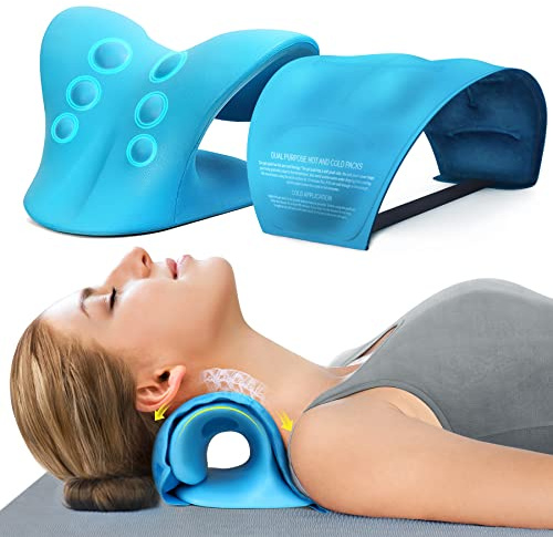 Neck Stretcher & Gel Pack for Pain Relief, Cervical Traction Device Pillow with Hot Cold Compress, Reusable Ice Pack Wrap for Neck, Shoulder, Knee, Back, Hand Injuries, Swelling, Bruises, Sprains
