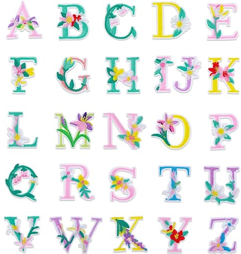Yolev Aufbügler Buchstaben Patches 2 Sets (52 Stück) - A-Z Blumenstickerei & Glitzer Alphabet Patches für Kleidung