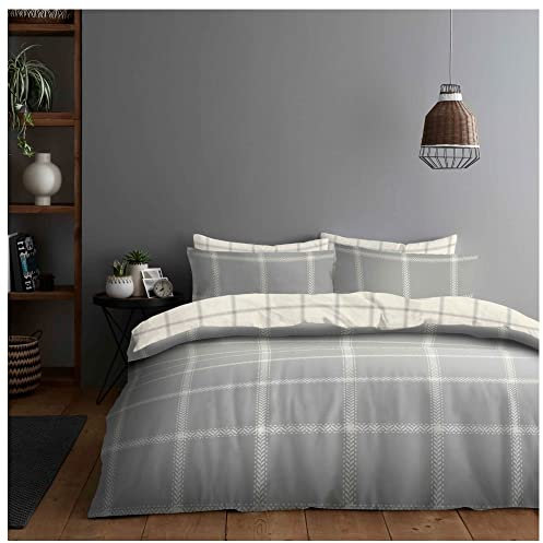 Lions 4 Piece Checked Bedding - Double Duvet Cover Set with 1x Fitted Sheet and Matching 2x Pillowcase, Soft Poly Cotton Grey Silver Bed Linen, Reversible Quilt Covers Sets