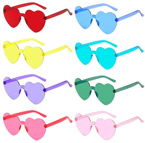 Meleager Randlose Herz Brille, Herzförmige Sonnenbrille Mehrfarbig, 8 Stück Sonnenbrillen Set Party, Vintage Herzform Brille, Hippie Brille Herz 90er, für Party, Hochzeit, Karneval, Halloween