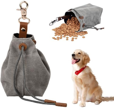 xianynow Kleiner Hundefutterbeutel Tragbare Hundefuttertasche für den Außenbereich Leckerlibeutel für Hunde mit Kordelzug und Metallhaken für Haustiertraining im Freien, Reisen, Spazierengehen (Grau)