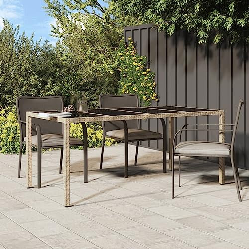 AUVYI Mesa de jardín beige 190 x 90 x 75 cm, cristal templado y polirratán, mesa auxiliar, mesa auxiliar, mesa pequeña, mesa de póquer, mesa de cocina, mesa de cerveza, mesa de cerveza, mesa