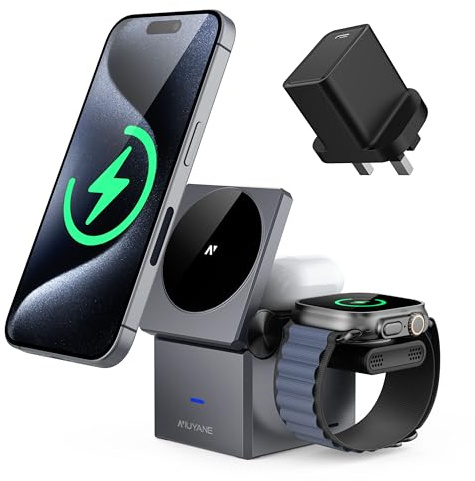 3 in 1 Wireless Charging Station,15W Fast MagSafe Charging Stand, Foldable Magnetic Wireless Charger for Apple Devices iPhone 16/15/14/13/12 Series, AirPods Pro 4/3/2, Apple Watch Series/ultra