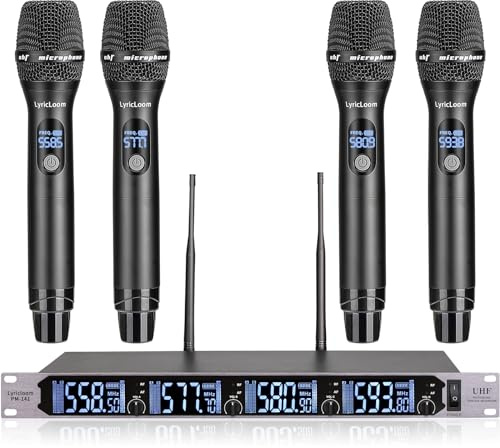 LyricLoom 4-Channel UHF Wireless Microphone System, with 4 Metal Handheld Cordless Mic, Stable Fixed Frequency Signal Transmission, Range of 230-280ft, Suitable for Karaoke, Churches, Singing.