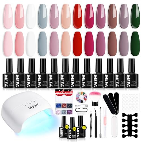 MEFA 34 Pcs Gel Nail Kit with 48W UV Lamp, 12 Colors Nude Pink Red Brown Gel Nail Polish Kit with Matte Glossy Top Base Coat Manicure Tools Nail Art Decorations DIY Salon Home