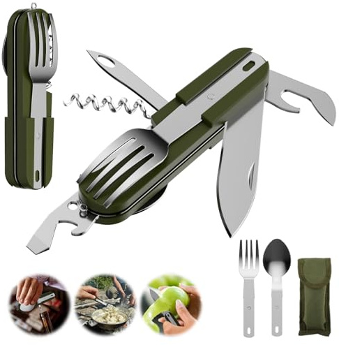 Outdoor Besteck Set Edelstahl Klappbesteck 7 in 1 Camping Besteckset (Grün) | Survival Reisebesteck Tragbare Besteck Messer Gabel Löffel Korkenzieher Set mit Tasche Feldbesteck für Wandern Reise Picknick
