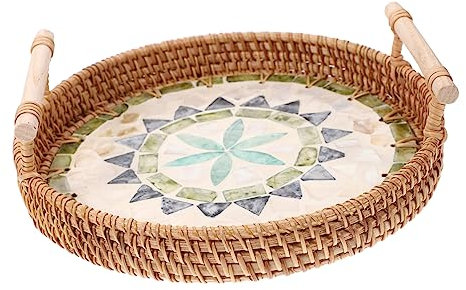 ABOOFAN Elegante Vassoio in Rattan A Forma Di Conchiglia Con Doppio Manico Piatto Da Frutta in Ceramica Per Esposizione Sul Tavolo