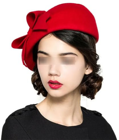 Yeuyyben Fascinator für Damen, Wollfilz, Fedora, elegante Baskenmütze, Kirchenhut, Hochzeit, Damenhut, Schleife, Mütze, Pillbox-Hut, rot, Einheitsgröße