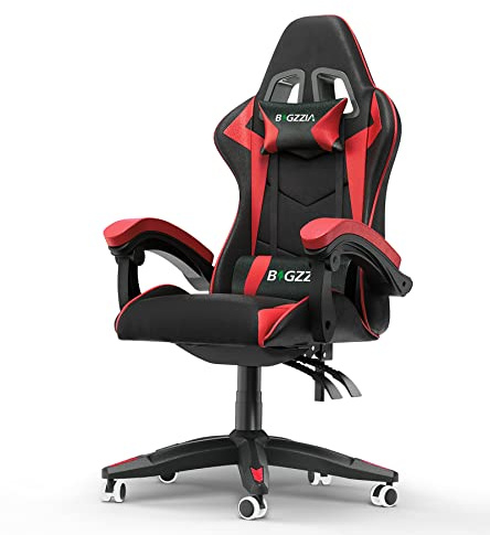 Bigzzia Gaming Chair with RGB Computer Chair with Light Reclining PU Leather Video Game Chair with Headrest Adjustable Lumbar Support (Without RGB led, Black/Red)