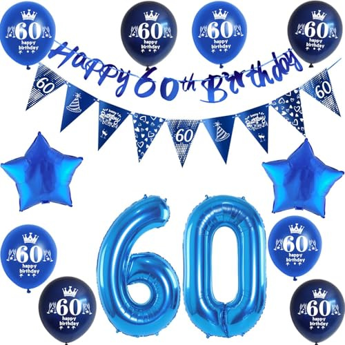Blau Girlande 60 geburtstag Banner + Dreiecksflaggen + Luftballons Zahl 60 +8 pcs 60 Geburtstag ballons 60 Geburtstag deko für mann,deko 60. mann geburtstagsdeko 60 jahre männer