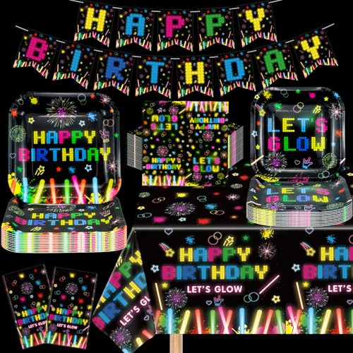 123 Packung Neon Party Zubehör leuchtend Geschirr Set Neon leuchtend in der dunklen Geburtstag Banner thematische Servietten Schwarzlicht Party Dekoration dient 40
