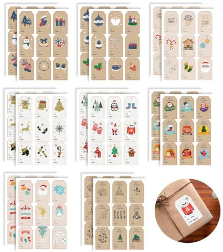 NVGVUP 144 Pcs Christmas Stickers Gift Tags, Christmas Name Labels Stickers, 72 Patterns of Christmas Tags for Presents 33 × 53 mm, Self-Adhesive Christmas Stickers for Present Package Decoration