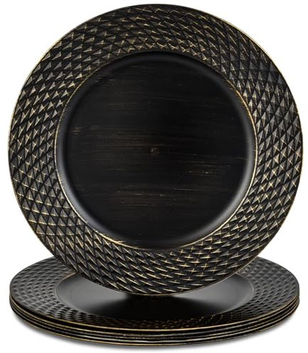 Kazozobi 13 Black Charger Plates, Round Plastic Server Ware Chargers for Dinner Plate, Decorative Table Setting Bulk Event, Party, Wedding, 6 Pack