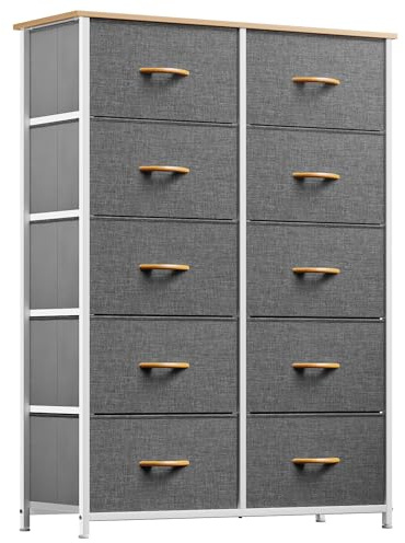 YITAHOME Kommode,Kommode mit 10 Schubladen,Schrank,Stoffschubladen mit Griffen,Kommodenschrank mit Stabiler Stahlrahmen,Dauerhaft,Grau