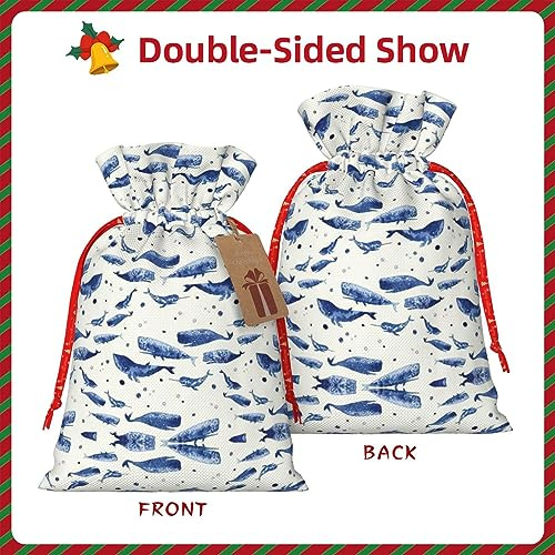 HJLUUFT Kleine blaue Wal-Schwimm-bedruckte Jute-Tasche mit Kordelzug und Geschenkanhänger, für Hochzeit, Weihnachten, Party