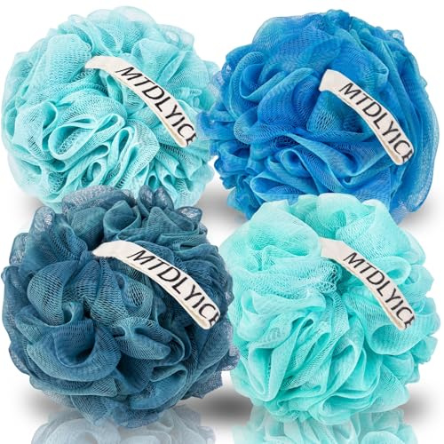 MTDLYICE Lot de 4 éponges en luffa XXL - 100 g - En maille douce - Pour homme - Gommage corporel - Accessoires de bain - Pour le corps - Pour le corps - Bleu