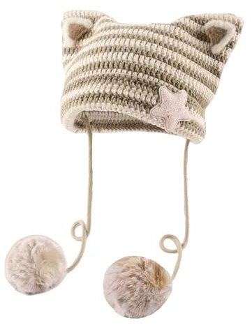OBiQuzz Frauen-Katzenohren-Mütze mit Bommeln, Stern-Accessoires, Goth-Häkelstrick-Schädelmützen, Alt-Kleidung Fliegermütze Kinder (Coffee, One Size)