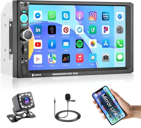 Hikity Autoradio 2 Din con Touch Screen da 7 pollici, Radio Bluetooth 2 Din con funzione di uscita video Mirror Link Radio FM USB/AUX EQ SD SWC Telecamera posteriore + MIC