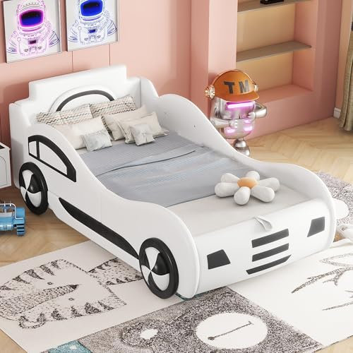 Doyisy Flachbett, 90 x 200cm, Bett mit Lattenrost (ohne Matratze), Modell Autobett, Autobett, Kinderbett, Kinderbett mit Unterbettstauraum (Weiß)