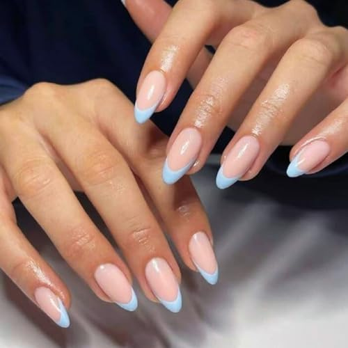 24Pcs Almond False Nails - Blue French Tip Nude Pink Press on Nails - Medium Length Glossy Fake Nails with Glue - Natural French Stick on nails - Elegant Blue Tips Acrylic nails for Women Girls