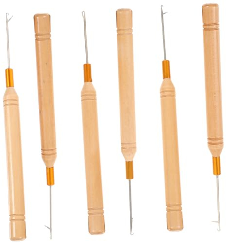 OATIPHO 6 Pcs Gancho de Crochet Cabello, Mango de Madera Antideslizante, para Extensiones de Micro Anillo, Accesorios para Trenzas, 2 Herramientas Incluidas