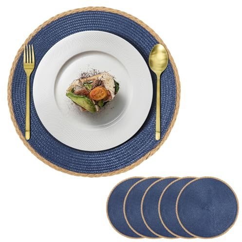 Manteles Individuales Juego de 6 Salvamanteles Individuales Redondos Lavables Resistentes Al Calor Antideslizantes Placemat para Bodas en Granjas, Decoración de Mesas de Comedor, Cocina Casera Azul