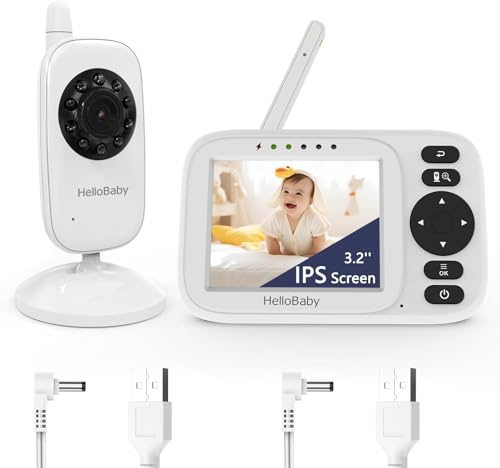 HelloBaby Baby Monitor con Video e Audio, 3.2 IPS Schermo, Zoom Digitale 2X, Visione Notturna, ECO/VOX, Promemoria Poppate, 8 Lingue, Carica USB,Portata 300m