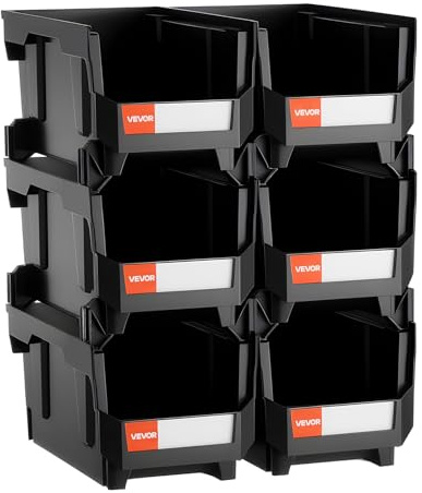 VEVOR Cajas Apilables, 377 x 215 x 180 mm, Cajas de Almacenamiento con Apertura Frontal, para Organizar y Guardar Piezas Pequeñas, Suministros de Oficina y Otros Accesorios, Color Negro, 6 uds