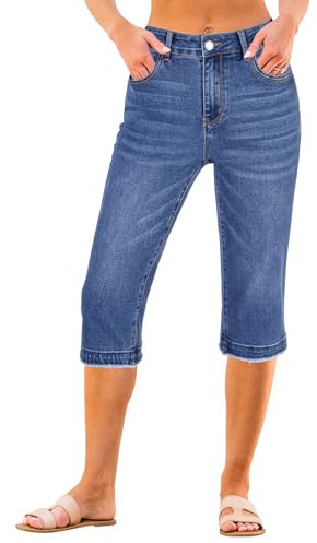 luvamia Relaxed Fit Jean Capris for Women Jeans Woman Capri Raw Hem Jeans forWoman Classic Blue Large