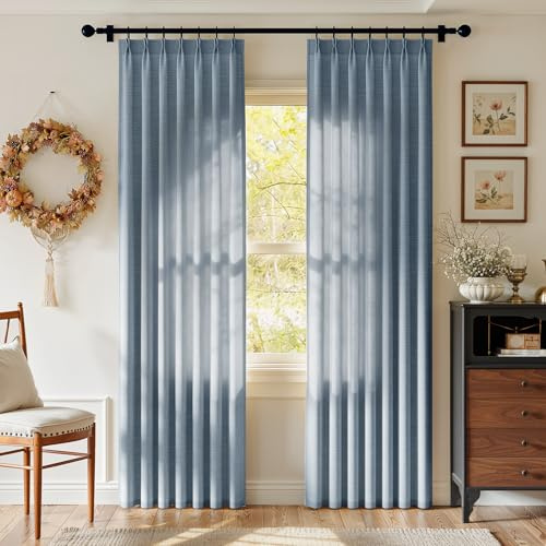 Rinwoc Blue Pinch Pleat Linen Curtains 96 Inches Long, 2 Panel Textured Linen Light Filtering Privacy Sheer Drapes for Bedroom/Livingroom, Complete Hooks Rings, Thick Fabric Blue（W40xL90）