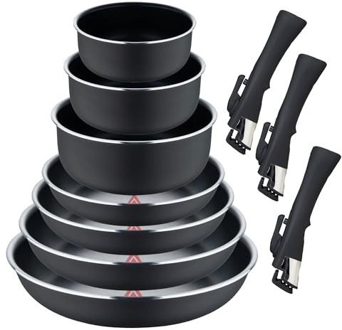 Set de 4 Sartenes Ø22Ø24Ø26Ø28cm + 3 Cazos Ø16Ø18Ø20cm + 3 Mangos extraibles - Heat Dot en Aluminio prensado color Negro Click&Cook Bergner