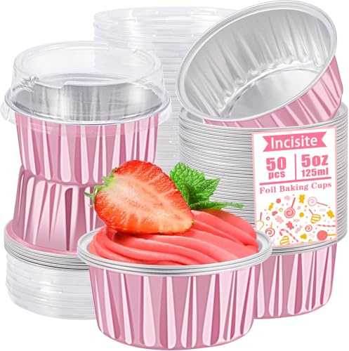 50 pirottini per muffin da 125 ml con coperchio (rosa), confezione da 50 pirottini con coperchio, in alluminio, dimensioni standard