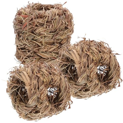 SHINEOFI Lot de 3 Nids en Paille Tissée Naturelle pour Hamster et Lapin Maison en Herbe Coloris Café Cachette pour Cage de Petits Animaux Aire de Jeux et Refuge Sûr