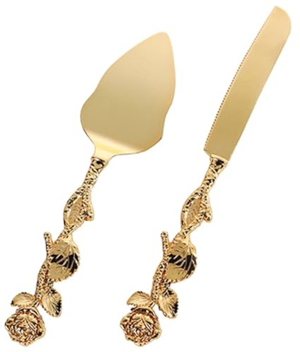Veemoon Ensemble Ustensiles Gâteau 2 Pièces en Alliage de Zinc Doré, Couteau Dentelé et Pelle à Gâteau Longue, Service Pâtisserie pour Fêtes et Anniversaires, Outil Coupe et Service