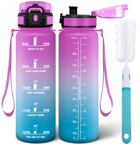 Motswedi Botella Agua 1l, Botella Deportiva, con Marcador de Tiempo, Cantimplora, a Prueba de Fugas, Cantimplora 1l Incluye Esponja de Limpieza - Rojo Fucsia & Turquesa