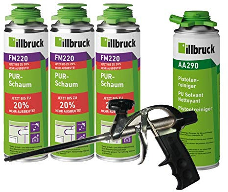 illbruck Profi Set 3x FM220 PUR-Schaum Montageschaum Pistolenschaum á 500ml Dosen + illbruck AA290 Reiniger + Schaumpistole Professionell