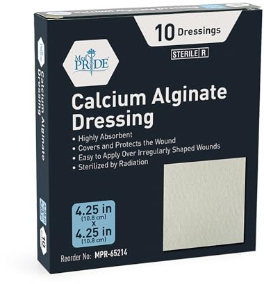 MED PRIDE Antimicrobial Calcium Alginate Wound Dressing Pads, Non-Stick, Highly Absorbent, Sterile, Pain- Removal, 10-Pack (4'' x 4'')