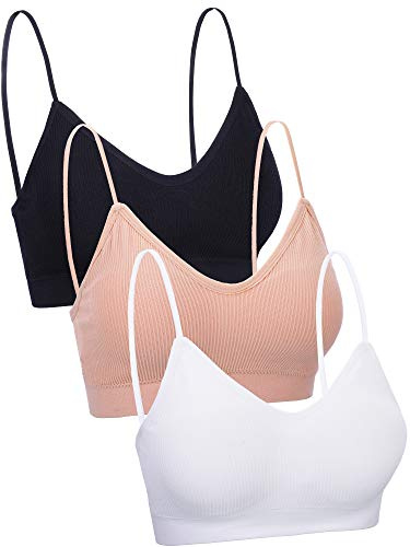 3 Pièces V Col Tube Top Bra Bandeau Camisole Rembourré sans Couture Soutien-Gorge de Sport Soutien-Gorge de Sommeil avec Bretelles Élastiques (Noir, Blanc, Couleur de Peau, S-M)