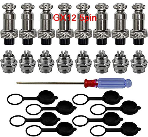 QitinDasen 8 Set GX12 5-Pin Aviazione Spina Connettore, 5A 12mm Maschio Femmina Metallo Aviazione Spina Connettore, con Gomma Berretto e Cacciavite a Croce