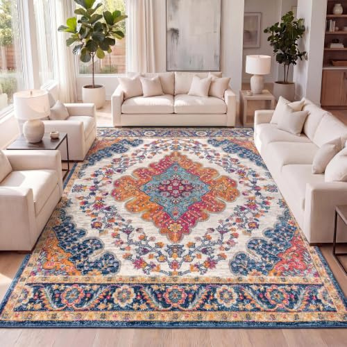 JONATHAN Y BMF106A-8 Bohemian Flair Boho Vintage Medaglion Interno Area interna tappeto, tradizionale, facile pulizia di transizione, soggiorno, non spargimento, blu/multi, 240 cm X 300 cm