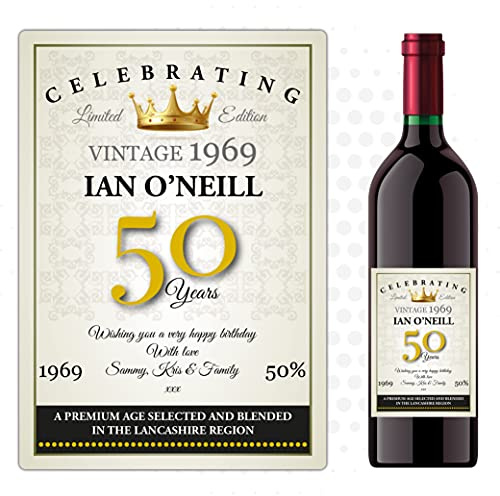 Personalised Happy Birthday Anniversary Wine Champagne Bottle Sticker Label, Vintage Theme, 92mm x 130mm, Custom Made