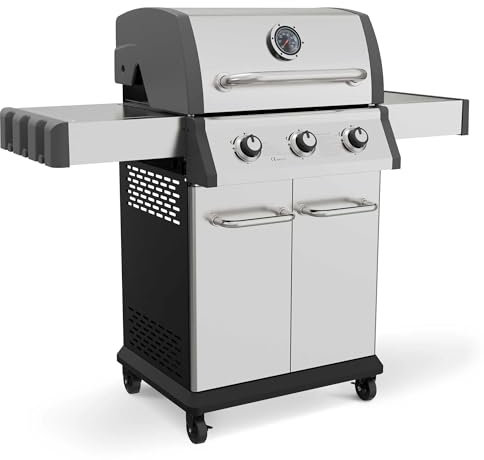 Dellonda 3 Burner Deluxe Gas BBQ Grill, Piezo Ignition, Stainless Steel, Wheels - DG16