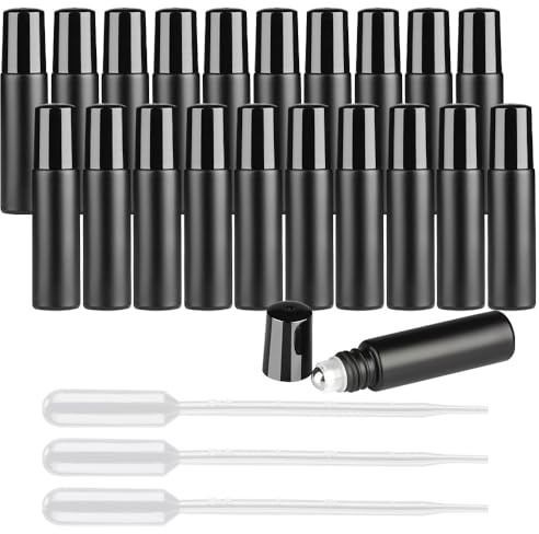 Tomorotec 20PCS Roller Bottles 10mL Essential Oil Ultra Thick Matte Black Frosted Glass (2 Openers+3 Pipettes Value Pack), Stainless Steel Roller Balls w/Black Cap